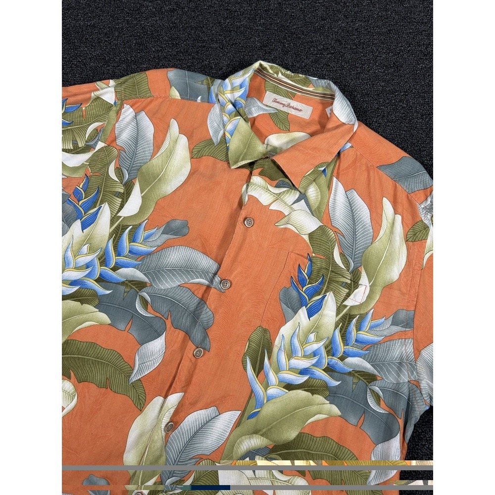 Tommy Bahama Hawaiian Camp Shirt Mens XL 100% Silk Floral‎ Loop Collar Orange